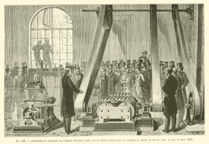 Experiment van mechanische energieoverdracht door M. Marcel Deprez in de werkplaatsen door French School